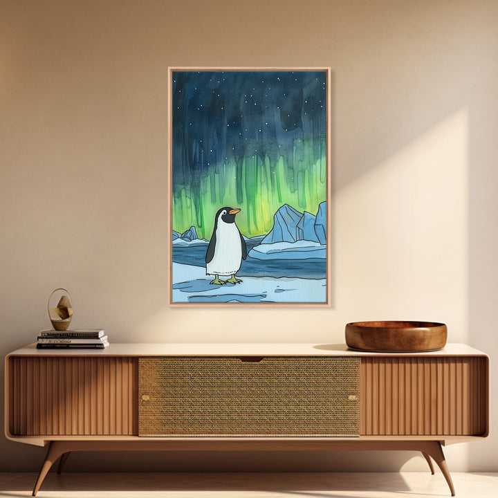 Penguin Under Northern Lights Canvas Print, Arctic Animal Wall Art, Kids Room Decor, Aurora Nursery Art, Gift For Him, Home Decor