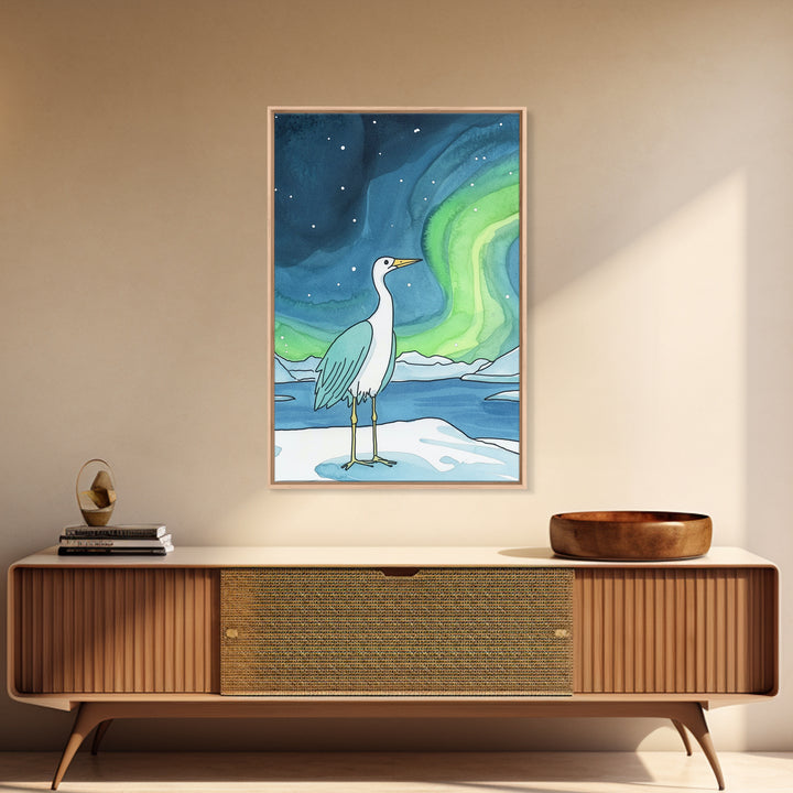 White Heron Under Northern Lights Canvas Print, Arctic Bird Wall Art, Coastal Nature Home Decor, Serene Nursery Gift For Her