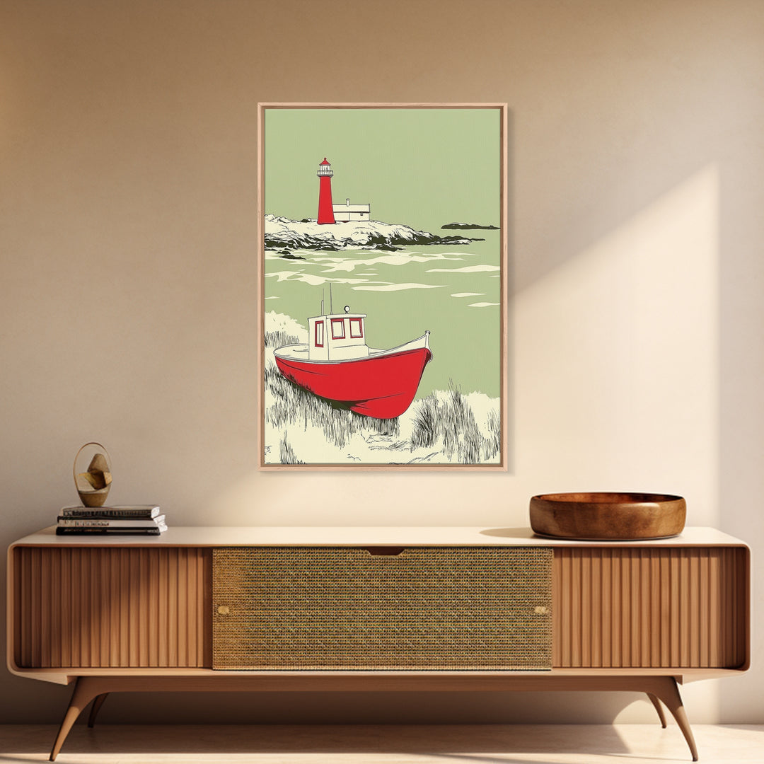 Red Fishing Boat And Lighthouse Canvas Print, Coastal Wall Art, Nautical Beach House Decor, Seascape Gift For Him, Living Room Decor