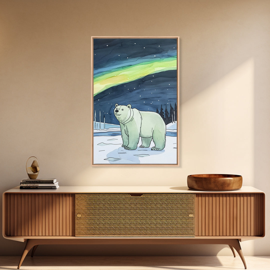 Polar Bear Under Northern Lights Wall Art, Arctic Wildlife Canvas Print, Winter Nature Decor, Nursery Gift For Kids Room