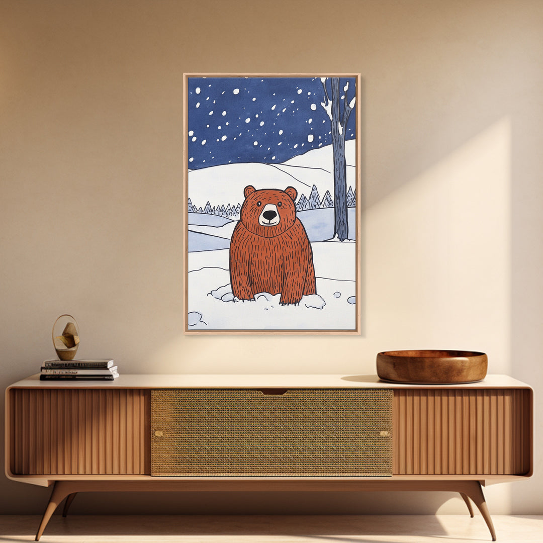 Brown Bear In Snowy Forest Wall Art, Woodland Animal Canvas Print, Rustic Nursery Decor, Winter Wildlife Gift For Kids Room Decor