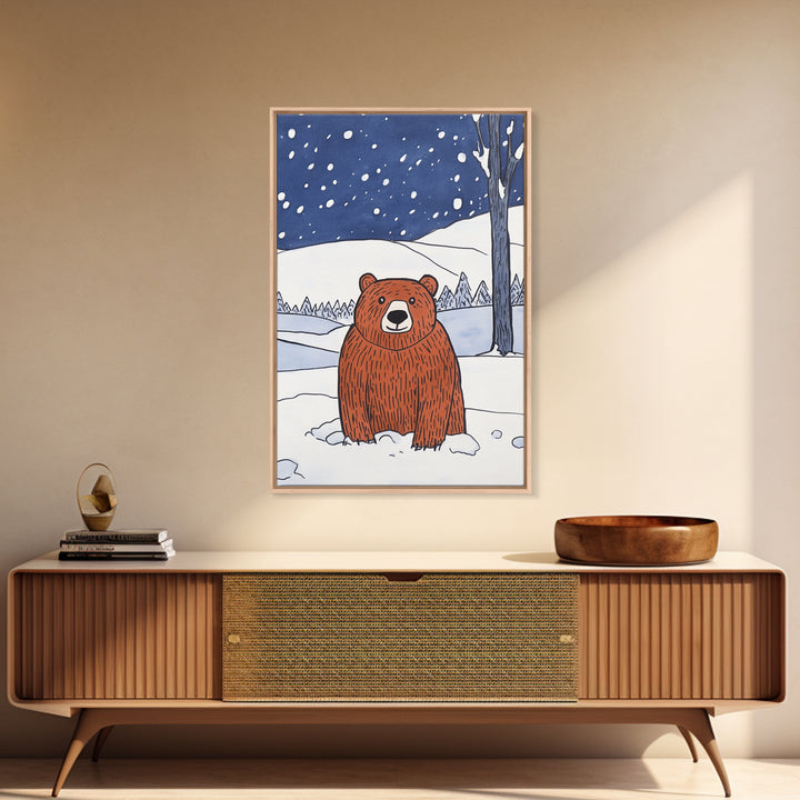 Brown Bear In Snowy Forest Wall Art, Woodland Animal Canvas Print, Rustic Nursery Decor, Winter Wildlife Gift For Kids Room Decor