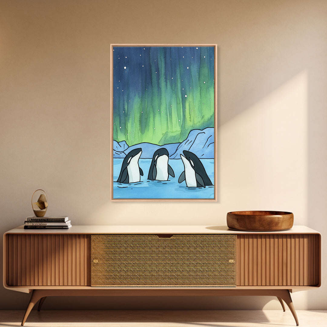 Orca Whales Under Northern Lights Wall Art, Arctic Ocean Print, Marine Life Decor, Coastal Nursery Art, Whale Lover Gift