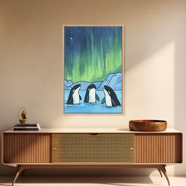 Orca Whales Under Northern Lights Wall Art, Arctic Ocean Print, Marine Life Decor, Coastal Nursery Art, Whale Lover Gift