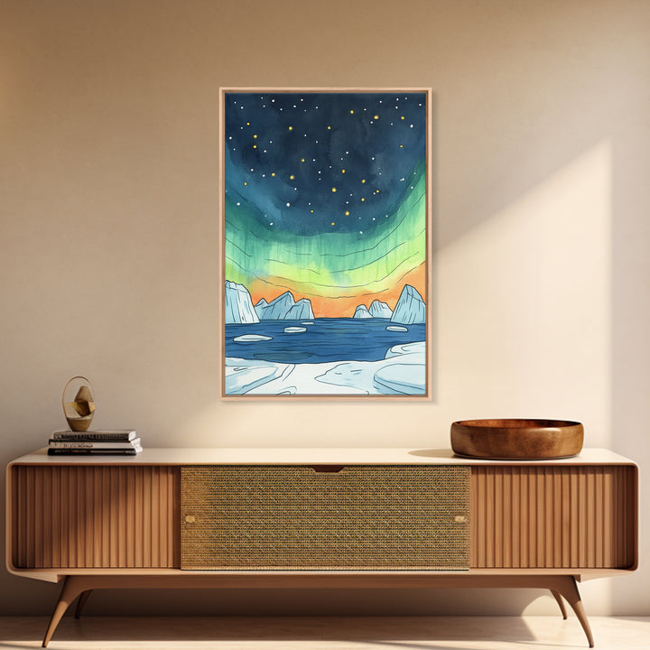 Northern Lights Over Icebergs Canvas Print, Arctic Ocean Wall Art, Aurora Seascape Decor, Coastal Landscape Gift For Her