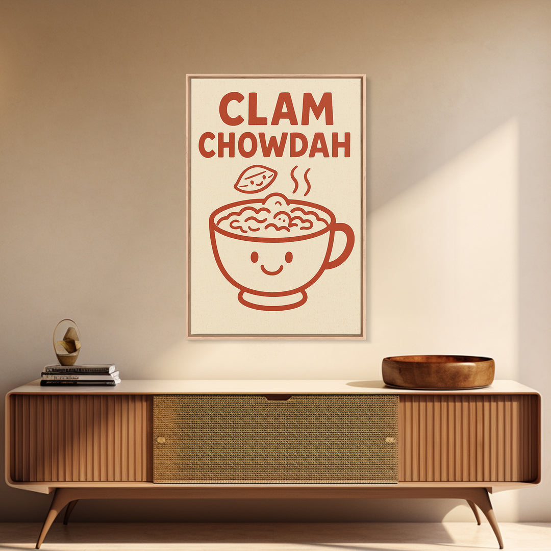 Cute Clam Chowdah Soup Bowl Wall Art, Funny Kitchen Print, New England Seafood Decor, Coastal Cafe Gift For Food Lover Home Decor