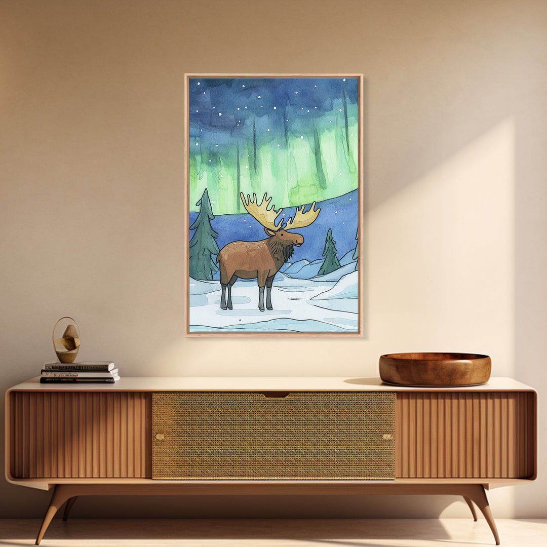 Whimsical Moose Under Green Northern Lights Canvas Print, Winter Animal Wall Art For Nursery Decor And Cozy Cabin Decor Gift