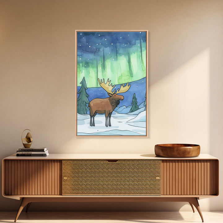 Whimsical Moose Under Green Northern Lights Canvas Print, Winter Animal Wall Art For Nursery Decor And Cozy Cabin Decor Gift