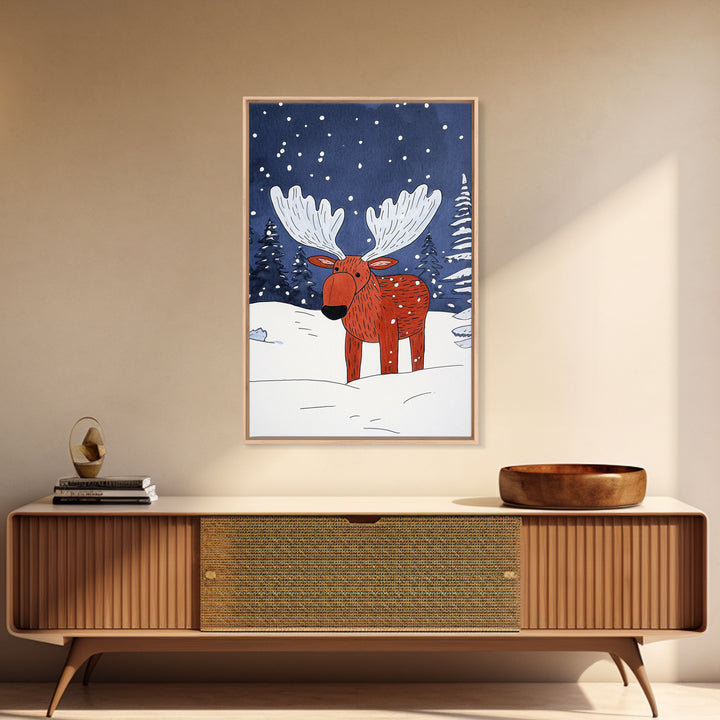 Red Whimsical Moose In Snowy Forest Canvas Print, Cute Animal Wall Art For Kids Room Decor And Nordic Winter Decor Gift Print