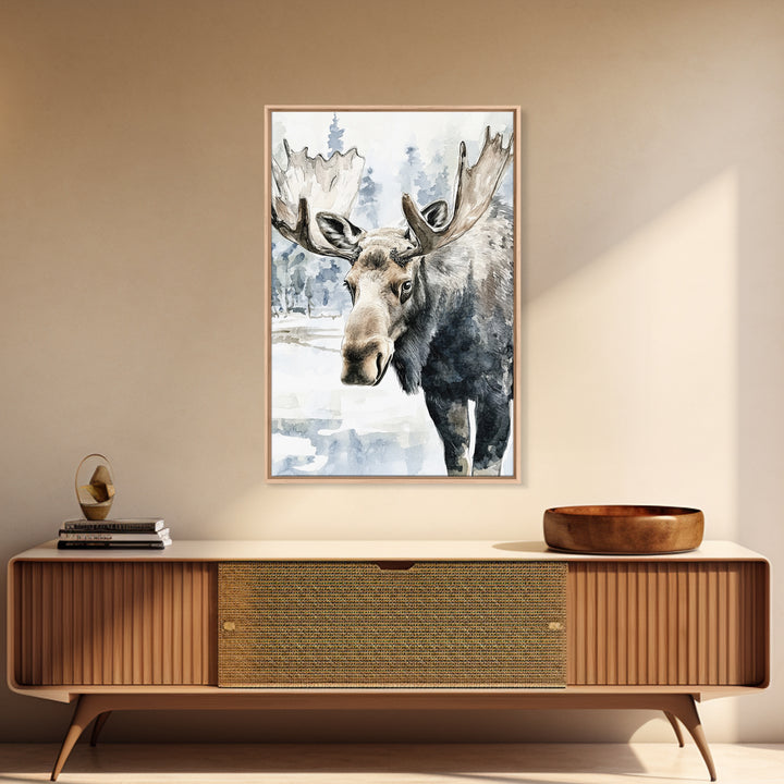 Realistic Moose Portrait In Snowy Pines Framed Canvas Print, Wildlife Wall Art For Rustic Cabin Decor And Nature Lover Gift