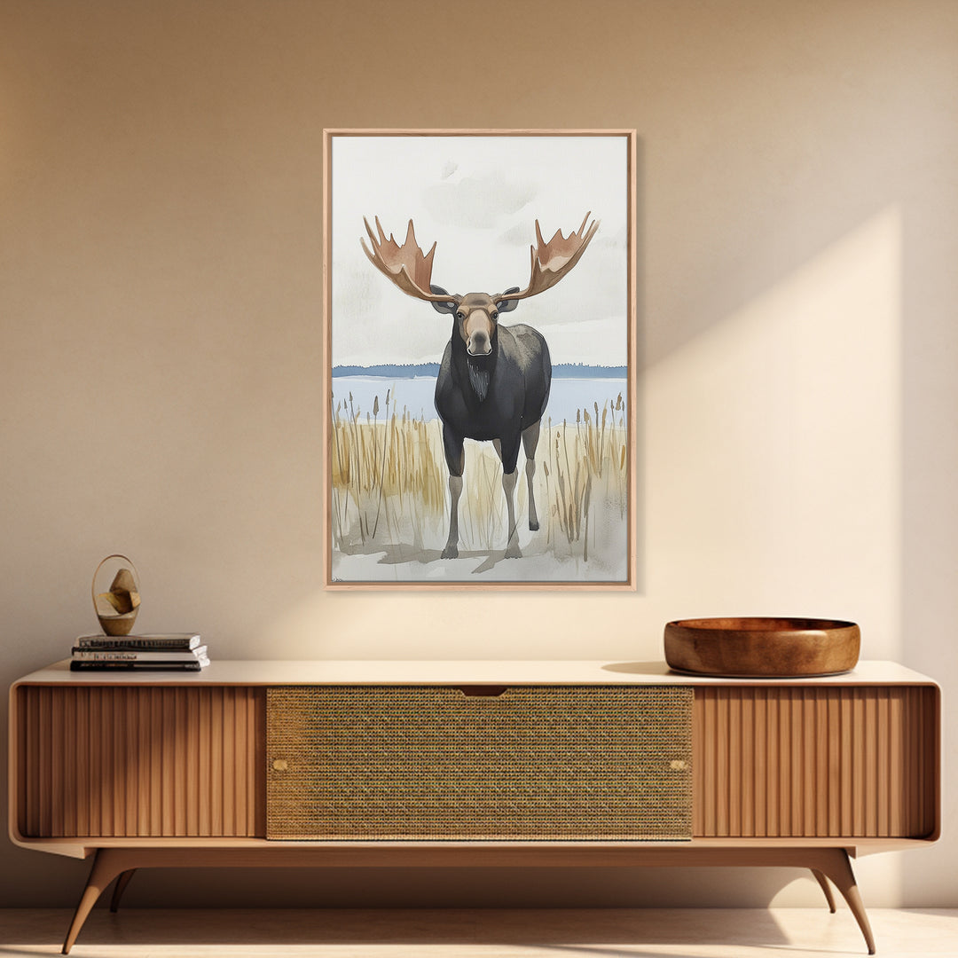 Standing Moose By Quiet Lake Canvas Print, Rustic Wildlife Wall Art For Cabin Decor, Nature Wall Art, And Housewarming Gift