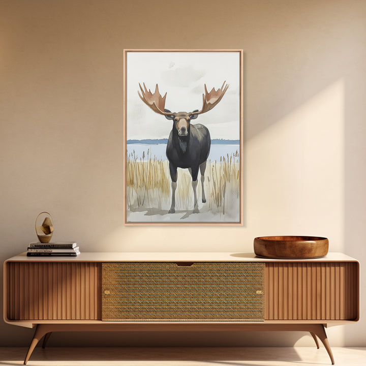 Standing Moose By Quiet Lake Canvas Print, Rustic Wildlife Wall Art For Cabin Decor, Nature Wall Art, And Housewarming Gift