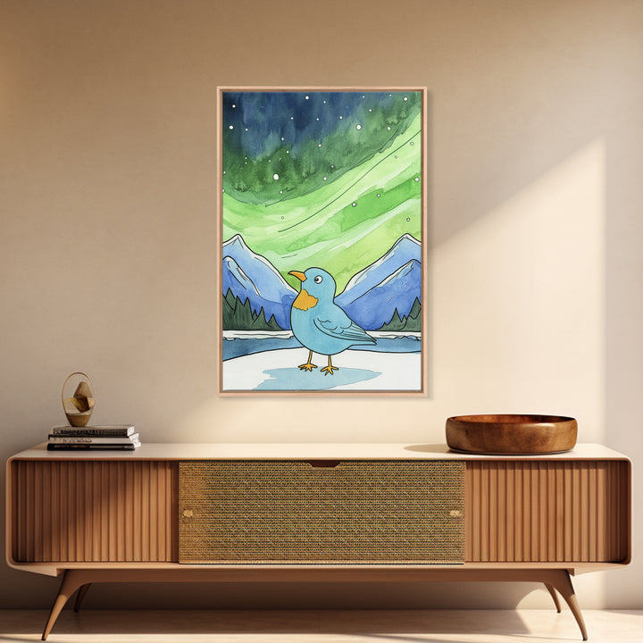 Blue Bird Beneath Green Aurora Canvas Print, Whimsical Animal Wall Art For Nursery Decor, Mountain Art, And Kids Room Decor