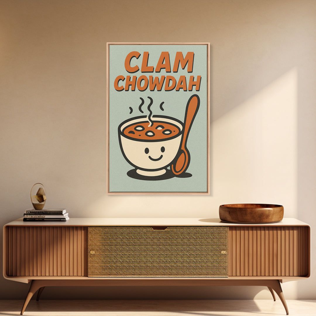 Cute Clam Chowdah Soup Bowl Wall Art, Funny Kitchen Art Print, Retro Food Poster, New England Coastal Home Decor Gift Idea