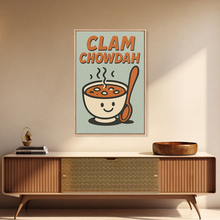 Cute Clam Chowdah Soup Bowl Wall Art, Funny Kitchen Art Print, Retro Food Poster, New England Coastal Home Decor Gift Idea