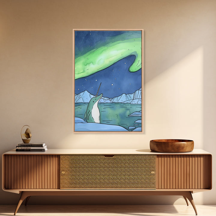 Whimsical Narwhal Under Northern Lights Canvas Print, Arctic Ocean Animal Wall Art, Nursery Decor And Kids Room Gift For Her