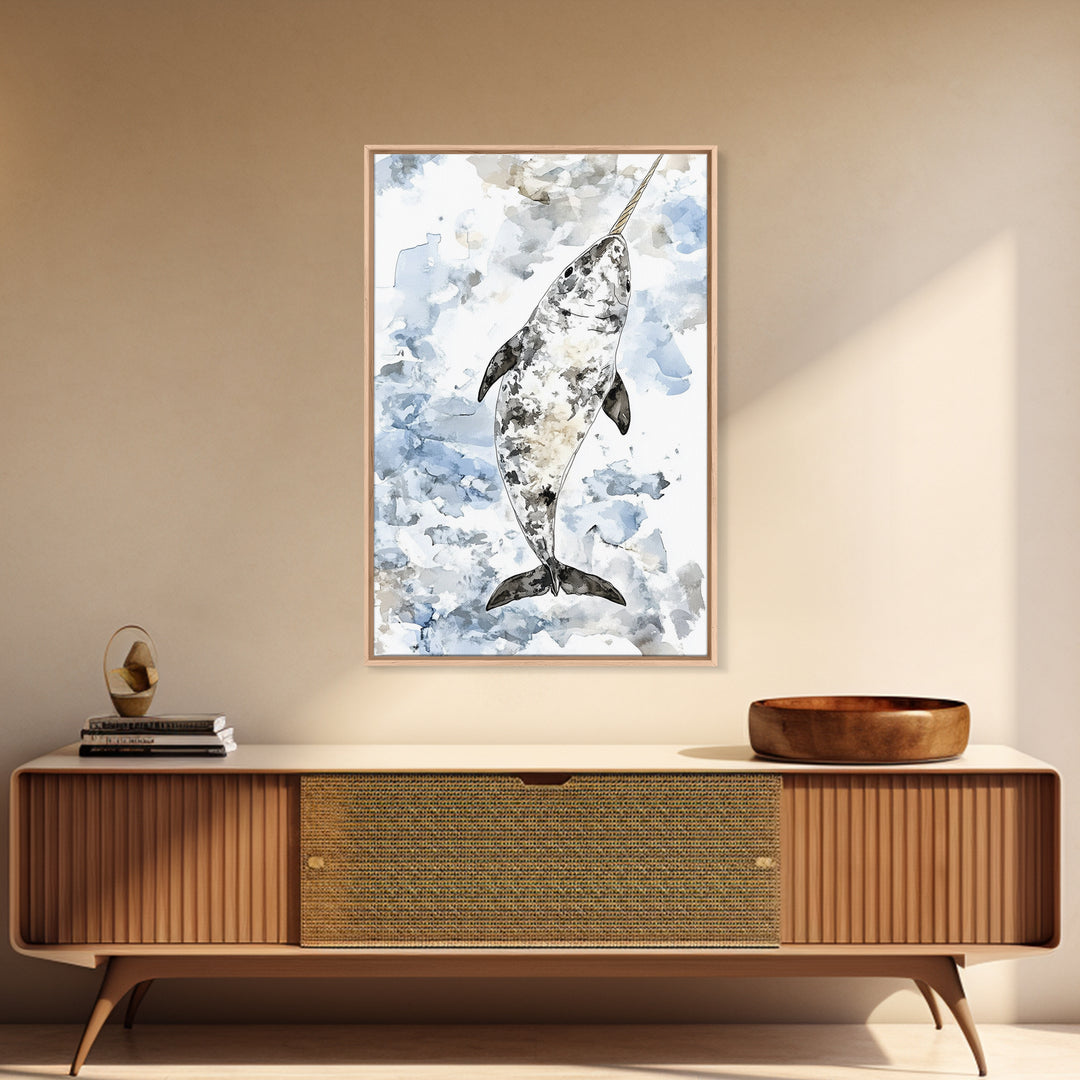 Speckled Narwhal Whale Watercolor Framed Canvas Print, Marine Life Wall Art, Ocean Animal Nursery Decor And Coastal Gift
