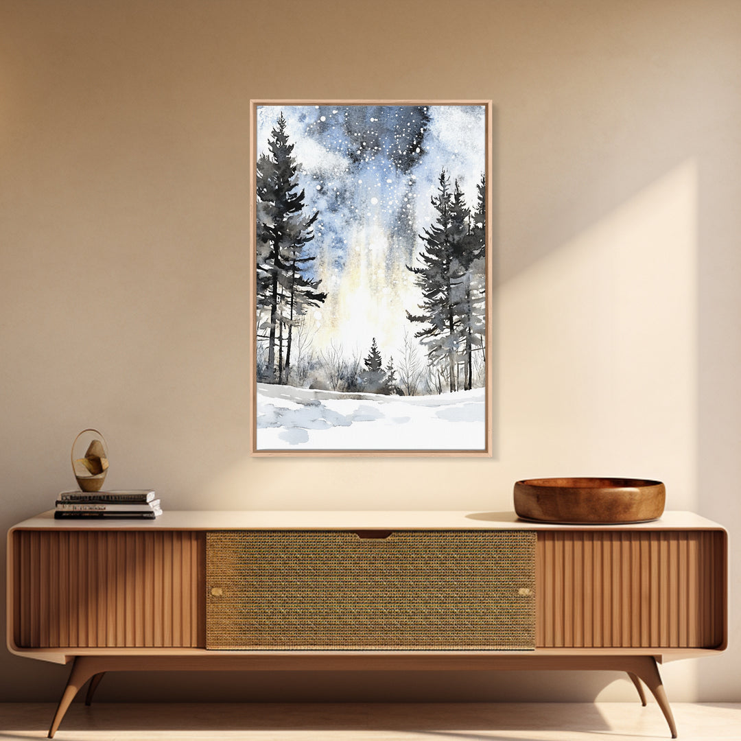 Snowy Night Pine Forest Framed Canvas Print, Winter Landscape Wall Art, Moody Nature Decor For Cabin Living Room Gift Idea
