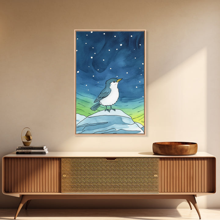 Cute Arctic Bird On Ice Under Aurora Canvas Print, Whimsical Animal Wall Art, Nursery Decor And Kids Room Decor Gift For Bird Lover