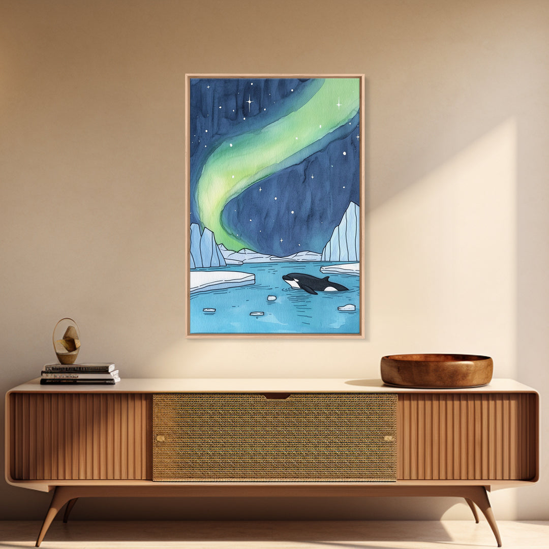 Northern Lights Orca Wall Art, Arctic Ocean Canvas Print, Celestial Coastal Decor, Whale Wildlife Art For Nursery Room Decor