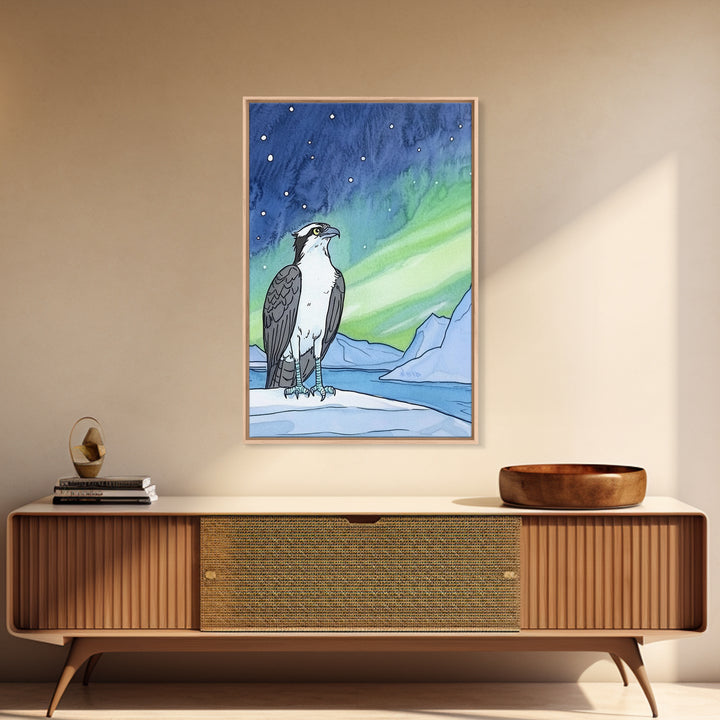 Osprey Under Northern Lights Wall Art, Arctic Bird Canvas Print, Celestial Nature Decor, Wildlife Art For Cabin Or Office