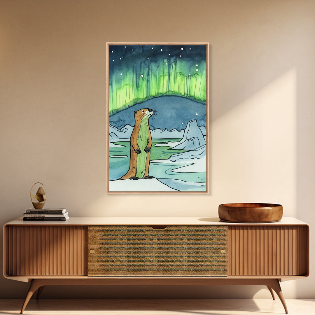 Curious Otter Under Green Aurora Wall Art, Arctic Animal Print, Northern Lights Decor, Whimsical Nursery And Kids Room Art