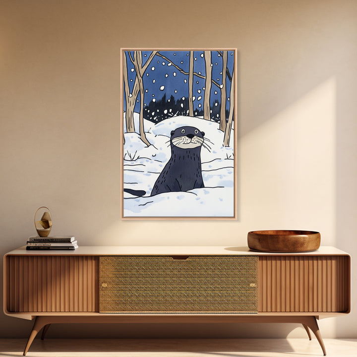 Snowy Forest Otter Wall Art, Winter Animal Print, Whimsical Wildlife Decor, Woodland Nursery Art And Cozy Cabin Decor Gift