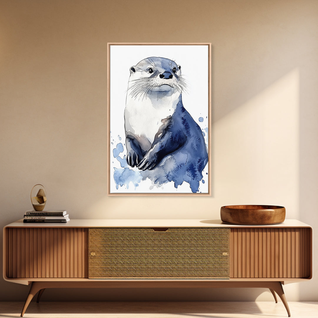 Blue Watercolor Otter Canvas Print, Coastal Animal Art, Wildlife Wall Decor, Nautical Nursery Print And Ocean Lover Gift