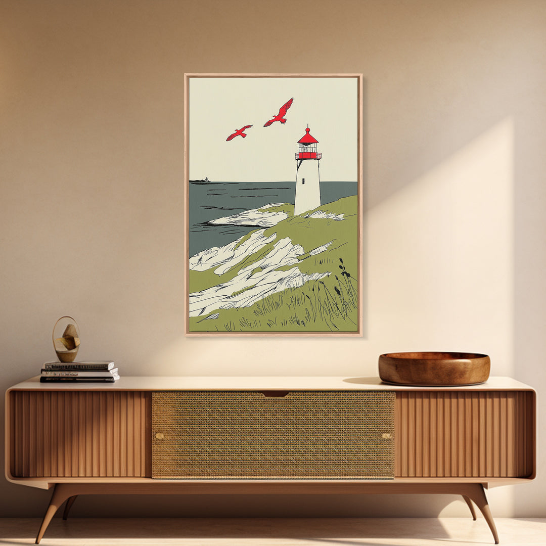 Coastal Lighthouse With Red Birds Wall Art, Nautical Print, Beach House Decor, Seaside Landscape Art And Ocean Wall Decor