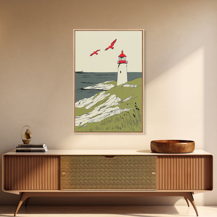 Coastal Lighthouse With Red Birds Wall Art, Nautical Print, Beach House Decor, Seaside Landscape Art And Ocean Wall Decor