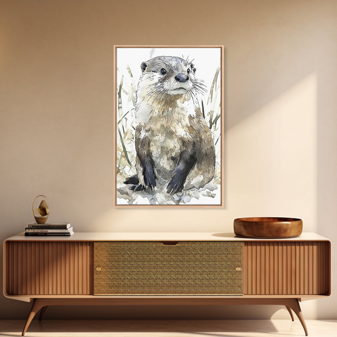 Neutral Watercolor Otter Framed Canvas Print, Wildlife Wall Art, Woodland Animal Decor, Nature Art Print And Housewarming Gift