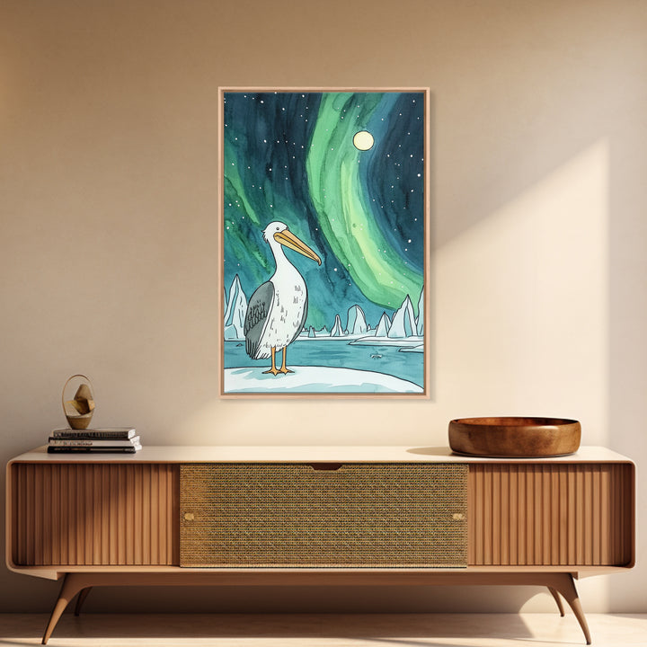 Pelican Under Green Aurora Canvas Print, Northern Lights Wall Art, Arctic Coastal Decor, Bird Lover Gift And Nursery Art
