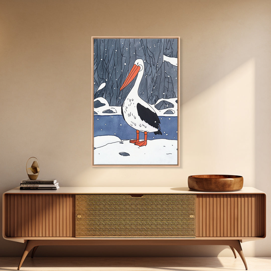 Snowy Pelican In Winter Woods Wall Art, Whimsical Bird Print, Wildlife Decor, Kids Room Art And Cozy Cabin Wall Decor Gift