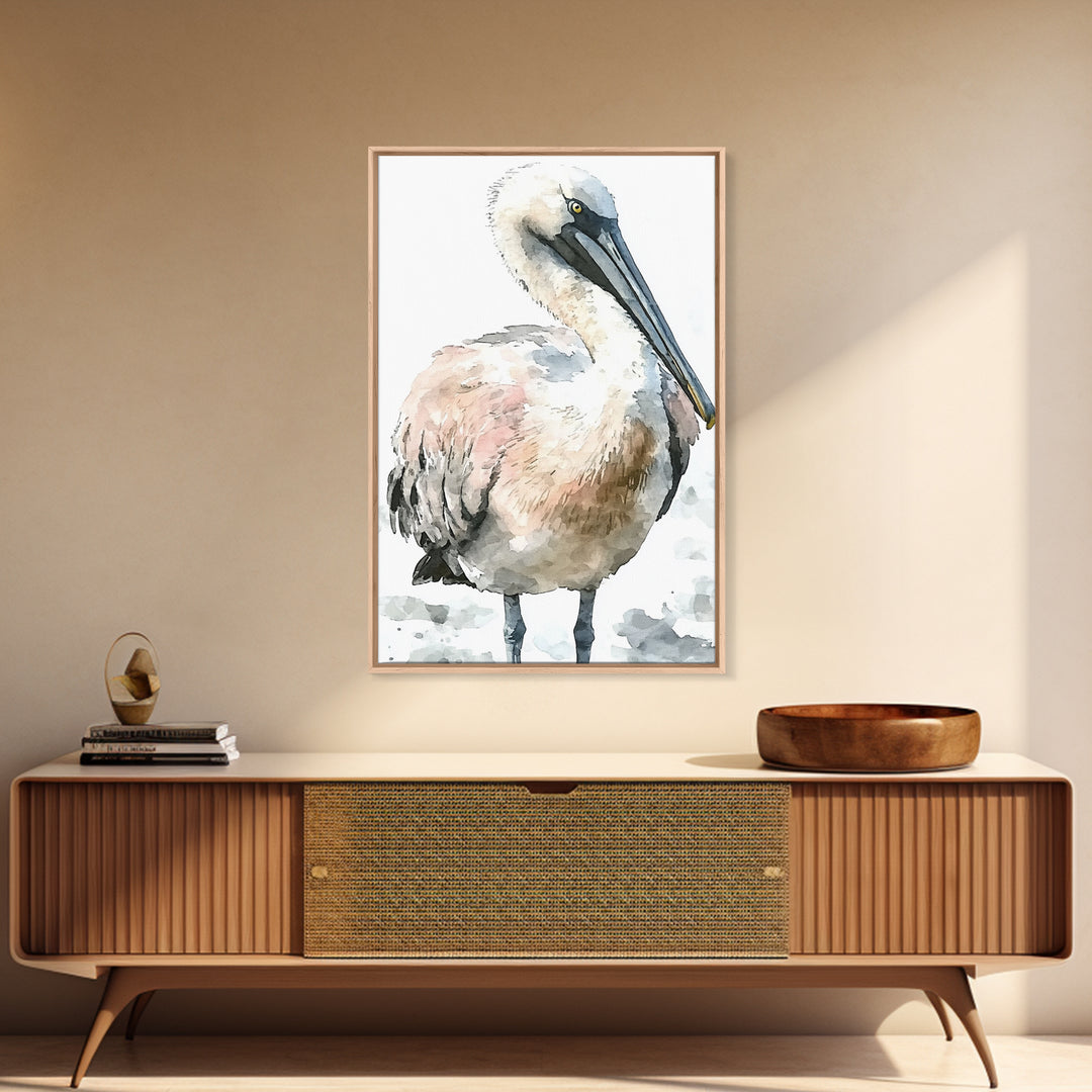 Soft Watercolor Pelican Framed Canvas Print, Coastal Bird Wall Art, Nautical Decor, Ocean Animal Print And Beach House Gift