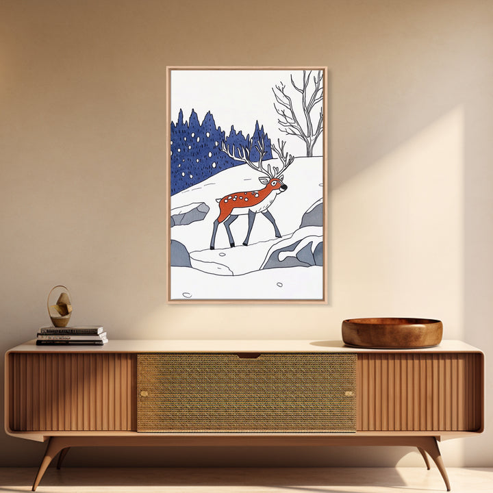 Red Reindeer In Snowy Forest Wall Art, Whimsical Winter Nursery Print, Woodland Animal Decor, Christmas Gift For Kids Room Decor