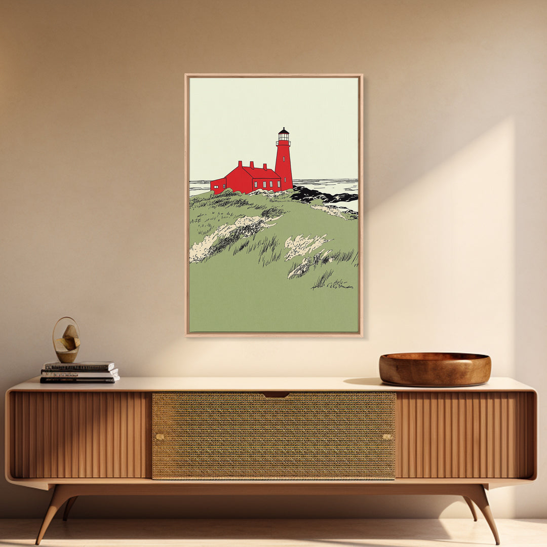 Red Coastal Lighthouse Canvas Print, Nautical Beach House Wall Art, Seascape Landscape Poster, Ocean Home Decor Gift For Her