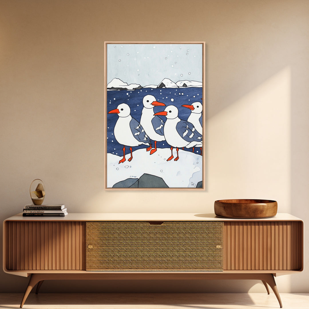 Arctic Seabirds On Snowy Shore Wall Art, Coastal Bird Print, Ocean Nursery Decor, Winter Wildlife Canvas Print Gift For Kids Room