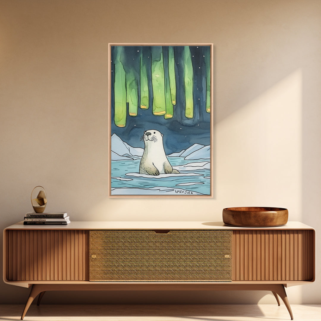 Whimsical Otter Under Northern Lights Wall Art, Arctic Animal Print, Kids Room Decor, Nursery Art, Coastal Nature Decor Gift