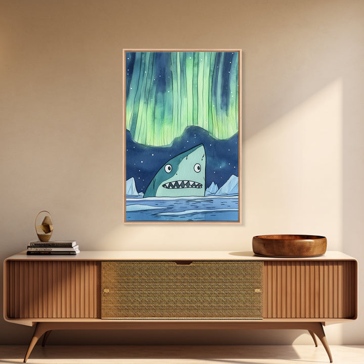 Whimsical Shark Under Northern Lights Wall Art, Arctic Ocean Print, Kids Room Decor, Nautical Nursery Art, Fun Coastal Decor