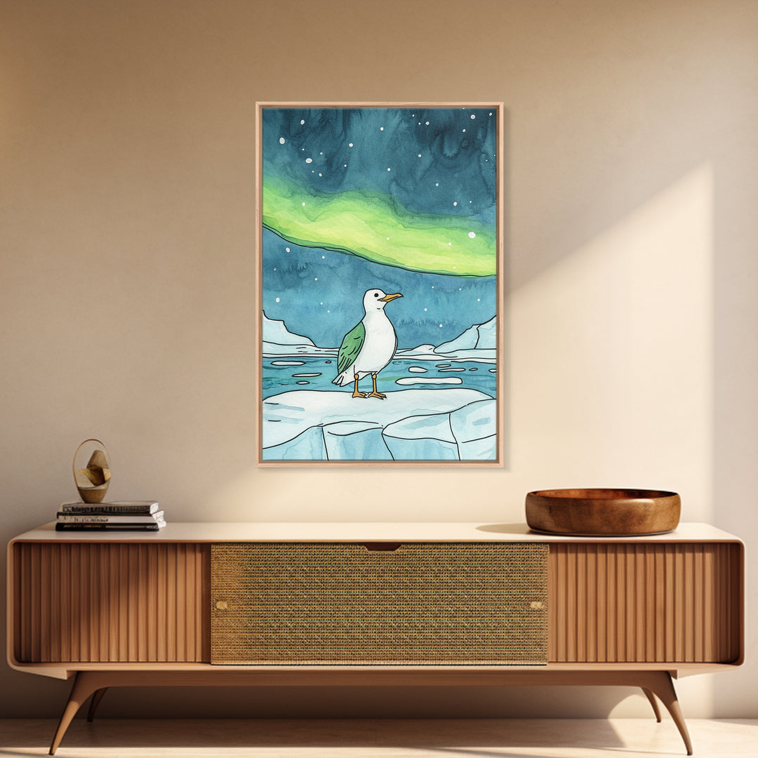 Seagull On Ice Under Aurora Wall Art, Arctic Coastal Bird Print, Ocean Nursery Decor, Nautical Bathroom Art, Beach House Decor