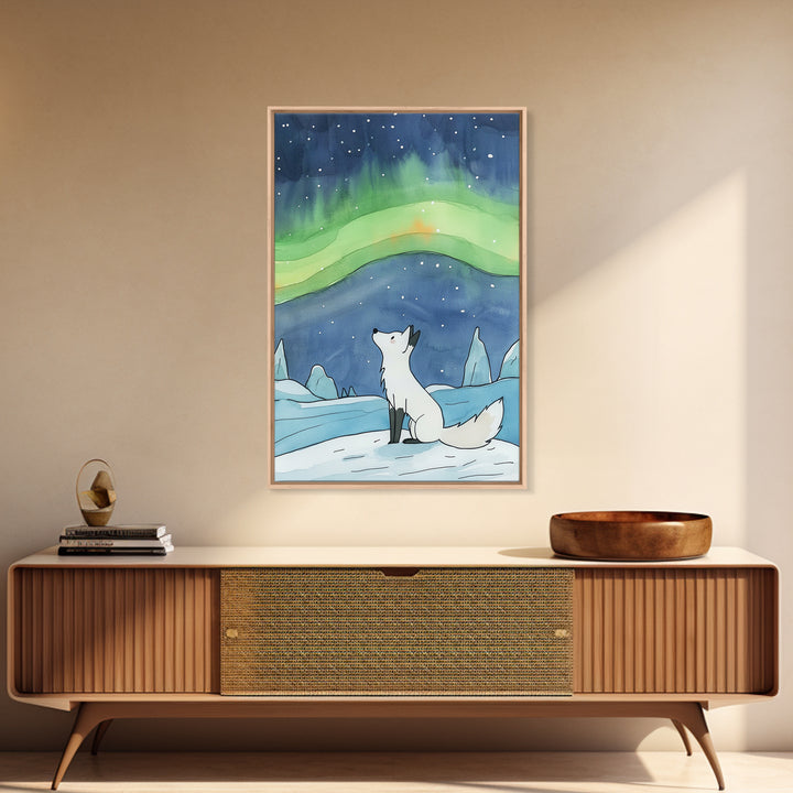 White Arctic Fox Under Aurora Wall Art, Celestial Night Sky Print, Winter Nursery Decor, Whimsical Wildlife Wall Decor, Gift For Her