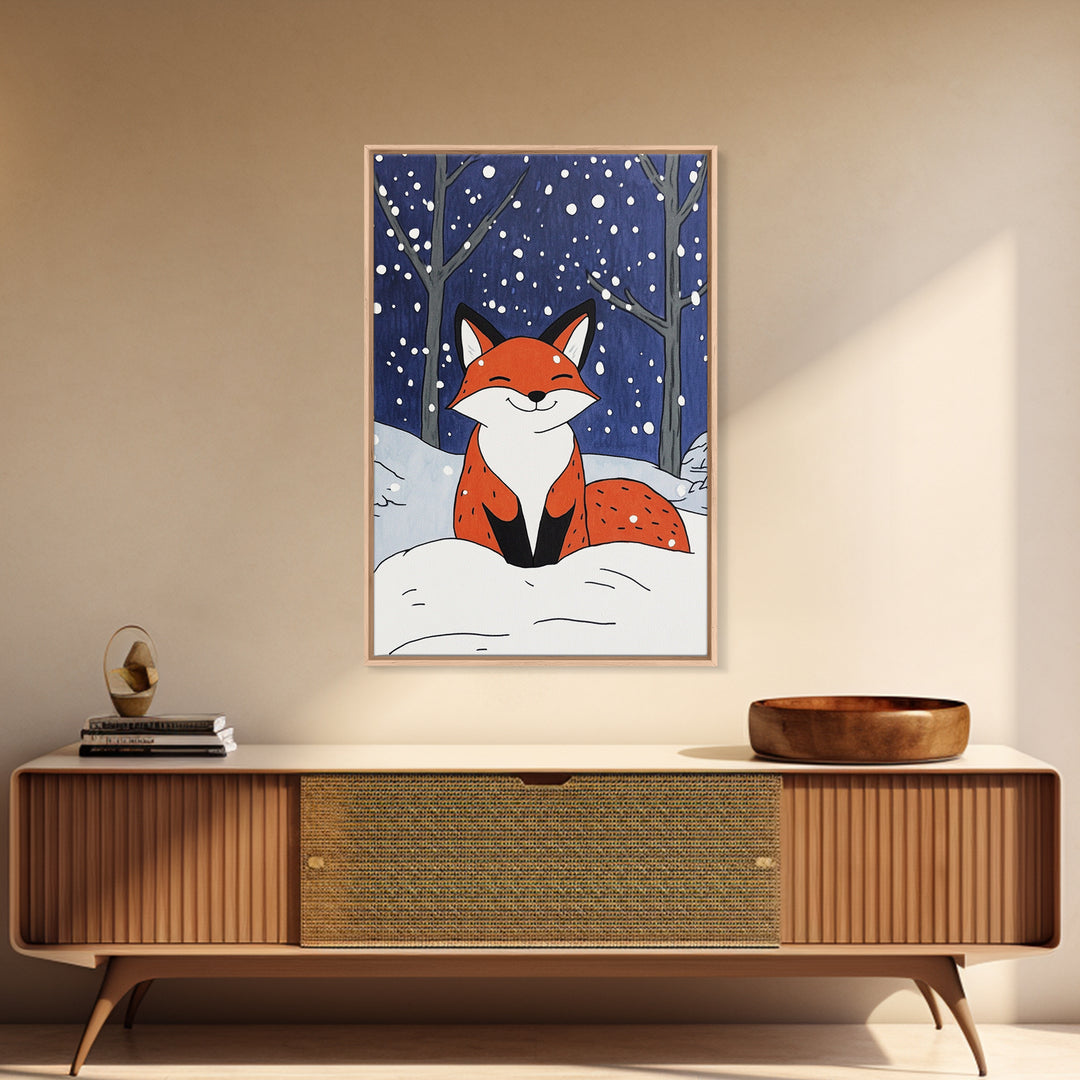 Smiling Red Fox In Falling Snow Wall Art, Cute Woodland Animal Art Print, Winter Nursery Decor, Whimsical Kids Room Decor