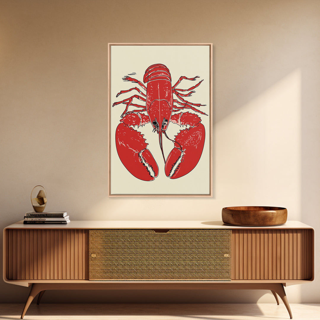 Bold Red Lobster Illustration Canvas Print, Seafood Kitchen Wall Art, Coastal Home Decor, Nautical Dining Room Print Gift