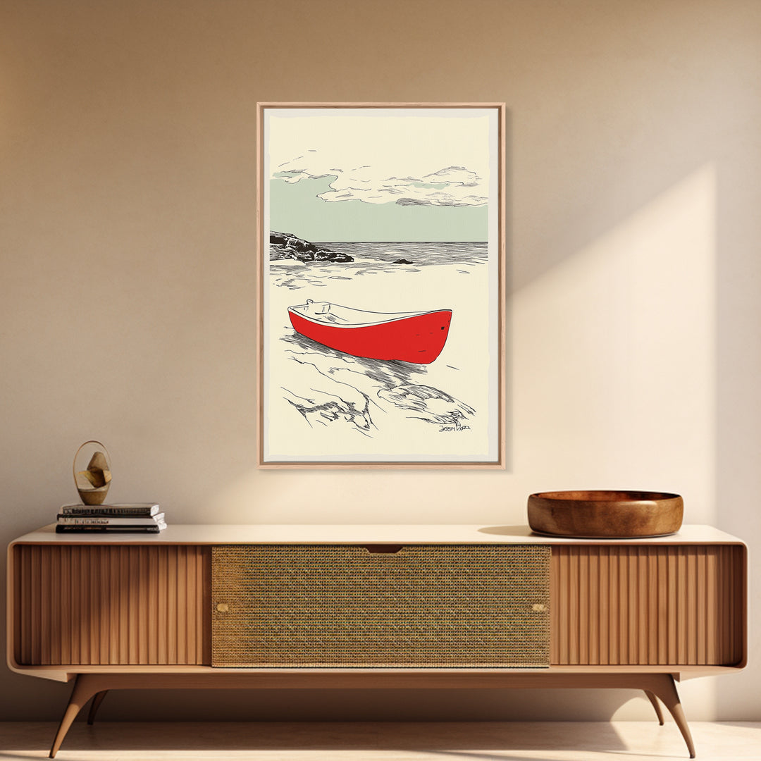 Red Rowboat On Rocky Shore Wall Art, Nautical Coastal Print, Beach House Decor, Seascape Wall Art, Lake House Gift For Him