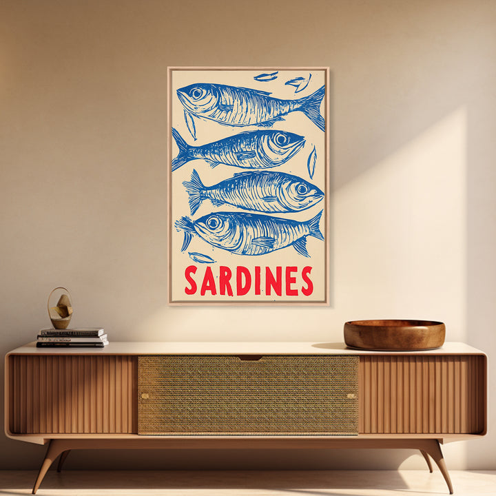 Blue Sardines Seafood Poster Canvas Print, Coastal Kitchen Wall Art, Nautical Wall Decor, Ocean Fish Art For Home Decor Gift