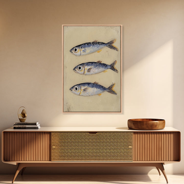 Three Silver Sardine Fish Painting Wall Art, Coastal Kitchen Decor, Nautical Sea Life Canvas, Beach House Gift Print For Home Decor