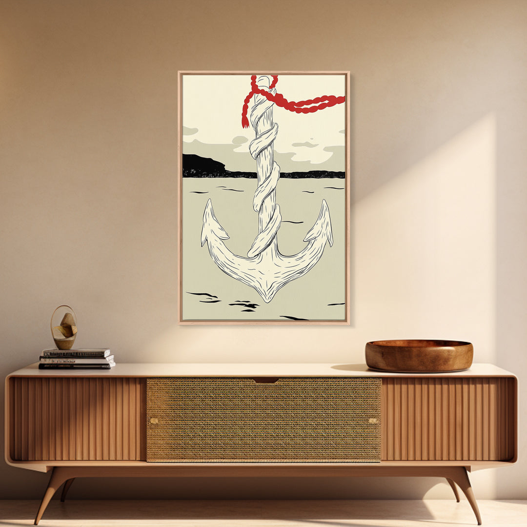 White Rope Anchor Illustration Wall Art, Nautical Coastal Decor, Beach House Canvas Print, Seaside Gift For Him, Ocean Wall Decor