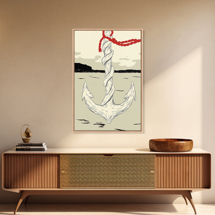 White Rope Anchor Illustration Wall Art, Nautical Coastal Decor, Beach House Canvas Print, Seaside Gift For Him, Ocean Wall Decor