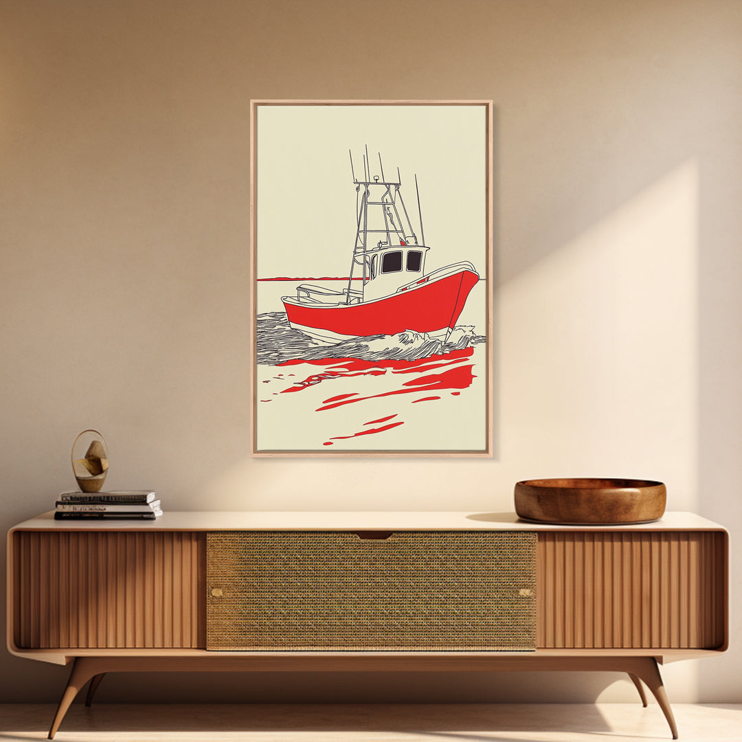Red Fishing Boat Illustration Canvas Print, Nautical Wall Art, Coastal Beach House Decor, Maritime Gift For Him, Ocean Wall Decor
