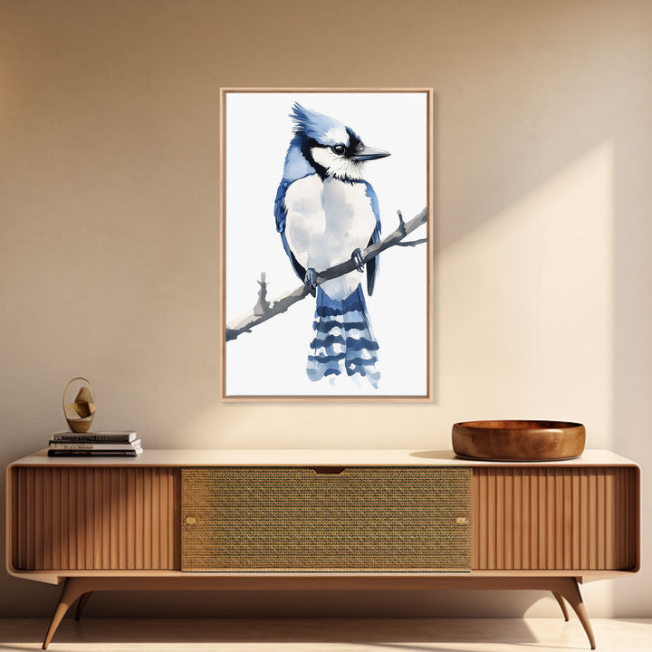 Blue Jay Bird Watercolor Wall Art, Woodland Nature Decor, Bird Lover Gift, Nursery Animal Canvas Print, Coastal Blue Art